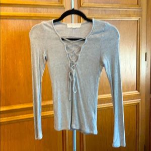 Gray Lace-Up Long Sleeved Top
